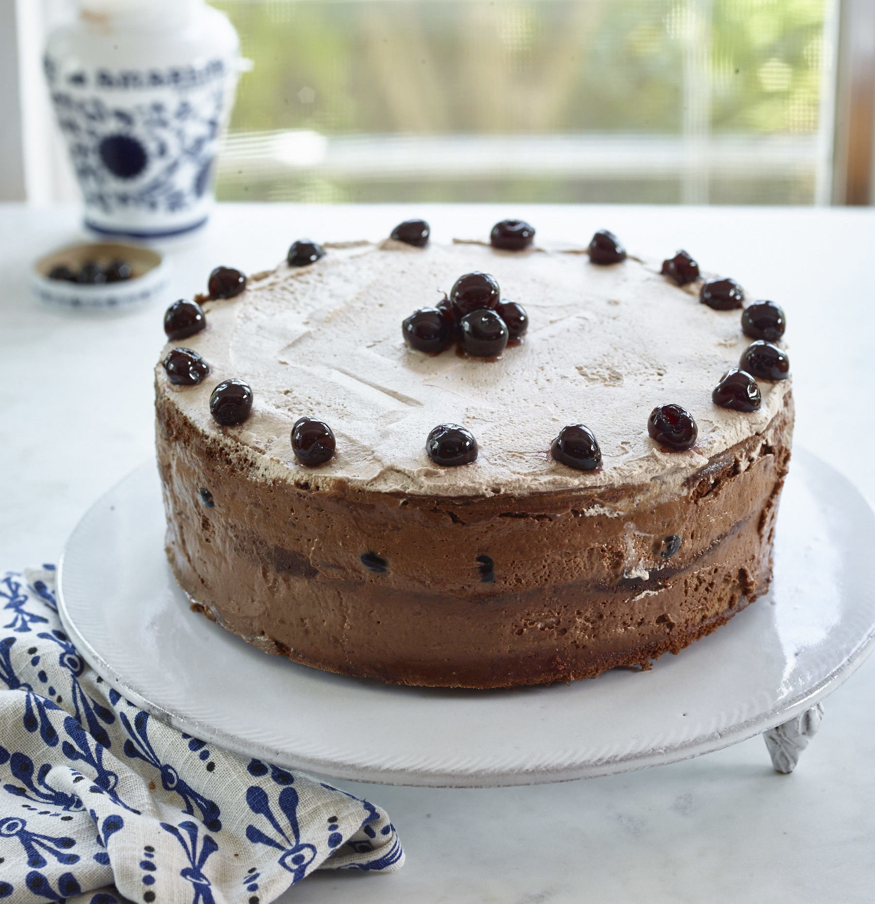 CHOCOLATE SPONGE CAKE WITH SOUR CHERRIES AND CHOCOLATE ZABAGLIONE