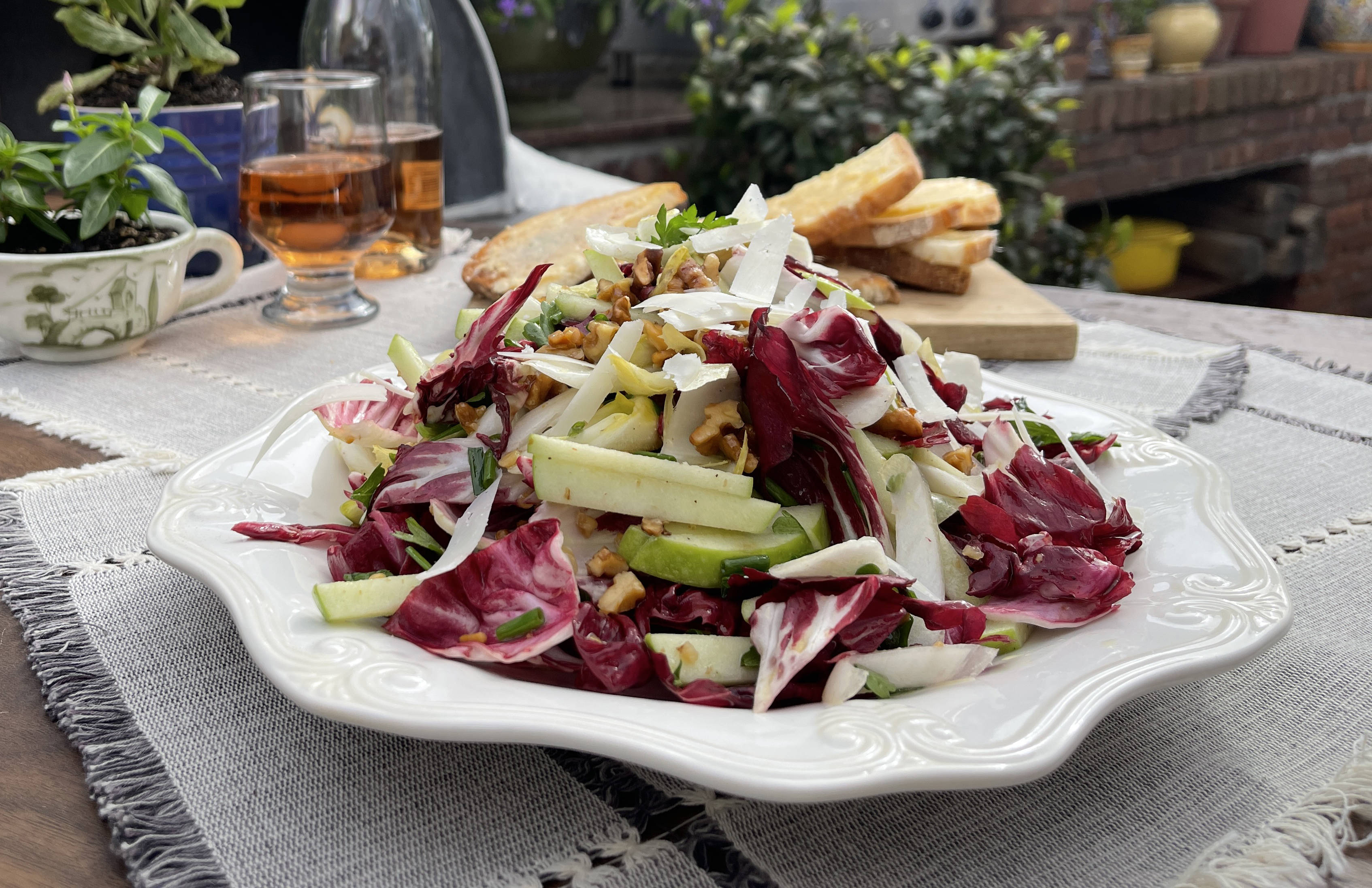 Salad of Radicchio, Endive, Apple, and Pecorino with Cheese Toasts Lidia