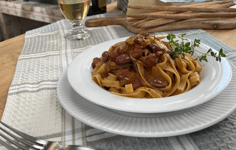 Fettuccine with Caramelized Onions, Bacon, and Olives Lidia